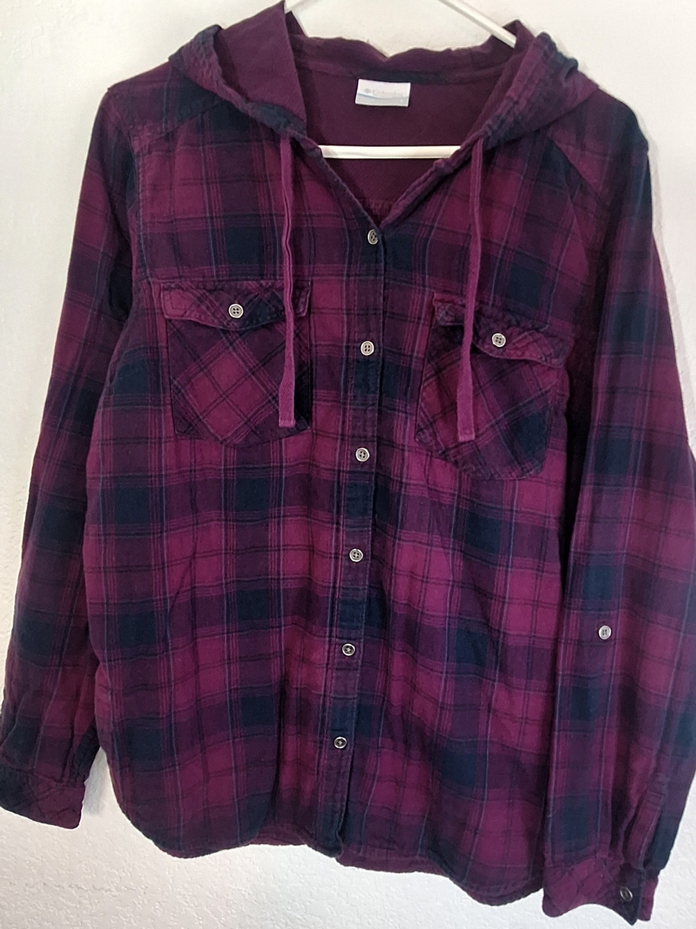 Columbia Purple & Navy Plaid Hooded Flannel Button Up Shirt - Size Large